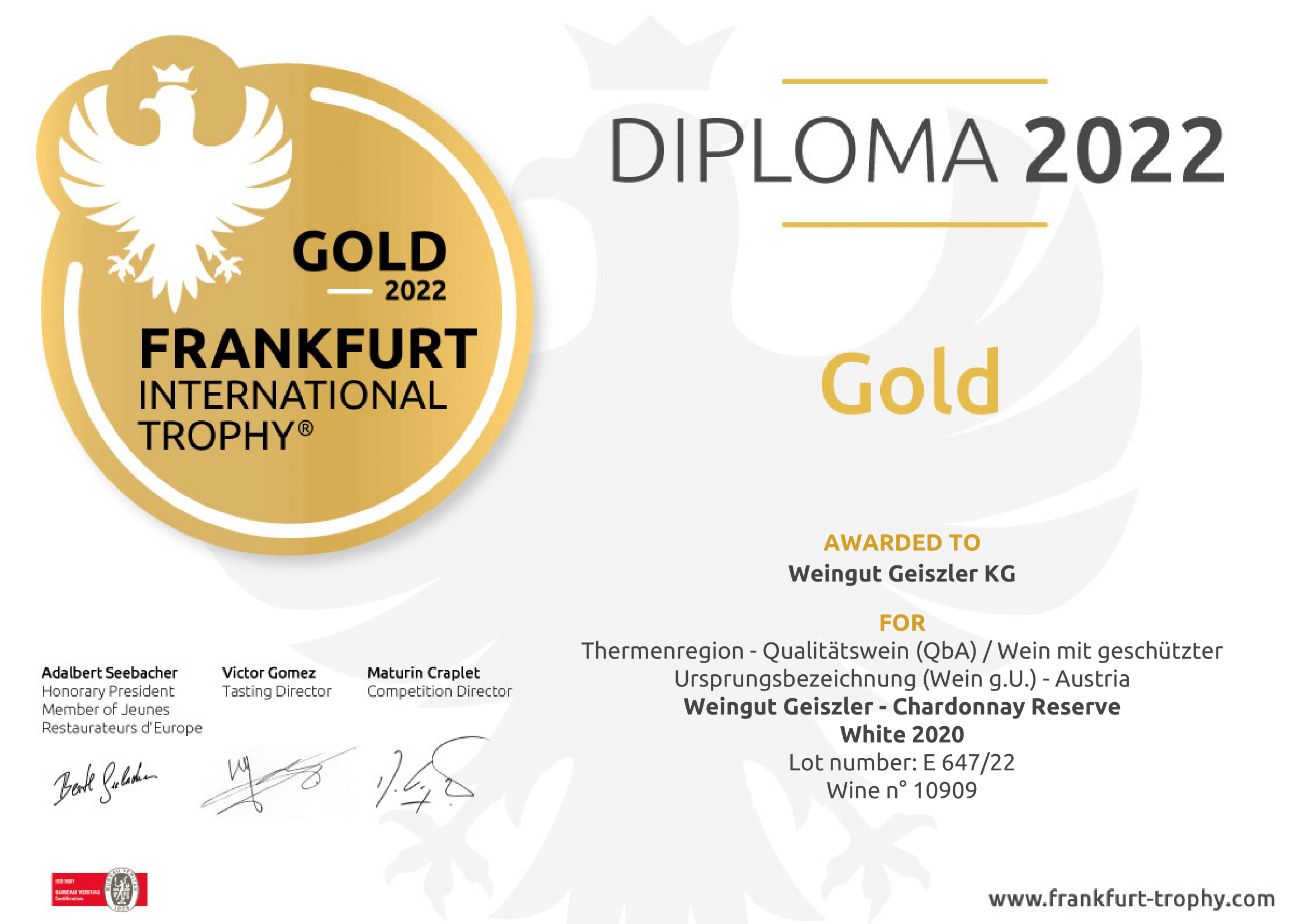 Frankfurt Internatinal Trophy Gold 2022 Chardonnay Reserve