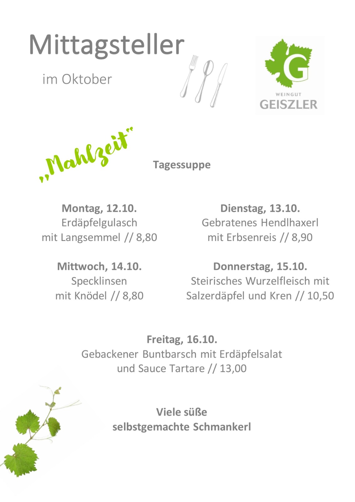 Mittagskarte für den Heurigen